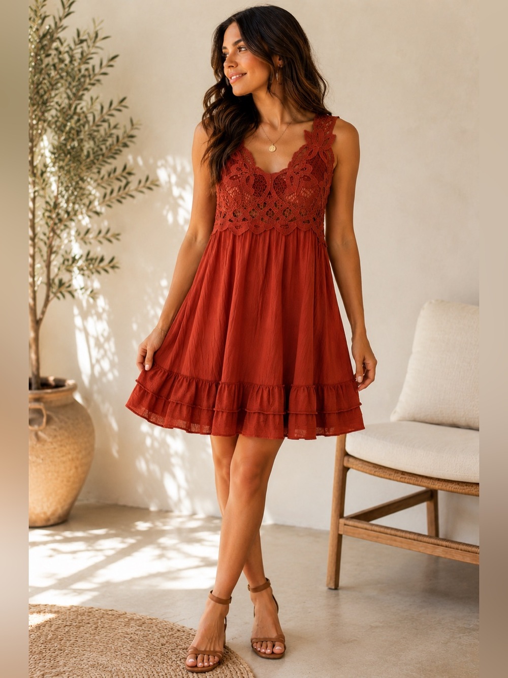 Justify L Boho Lace Crochet Swing Dress Burnt Orange Strappy Back Large